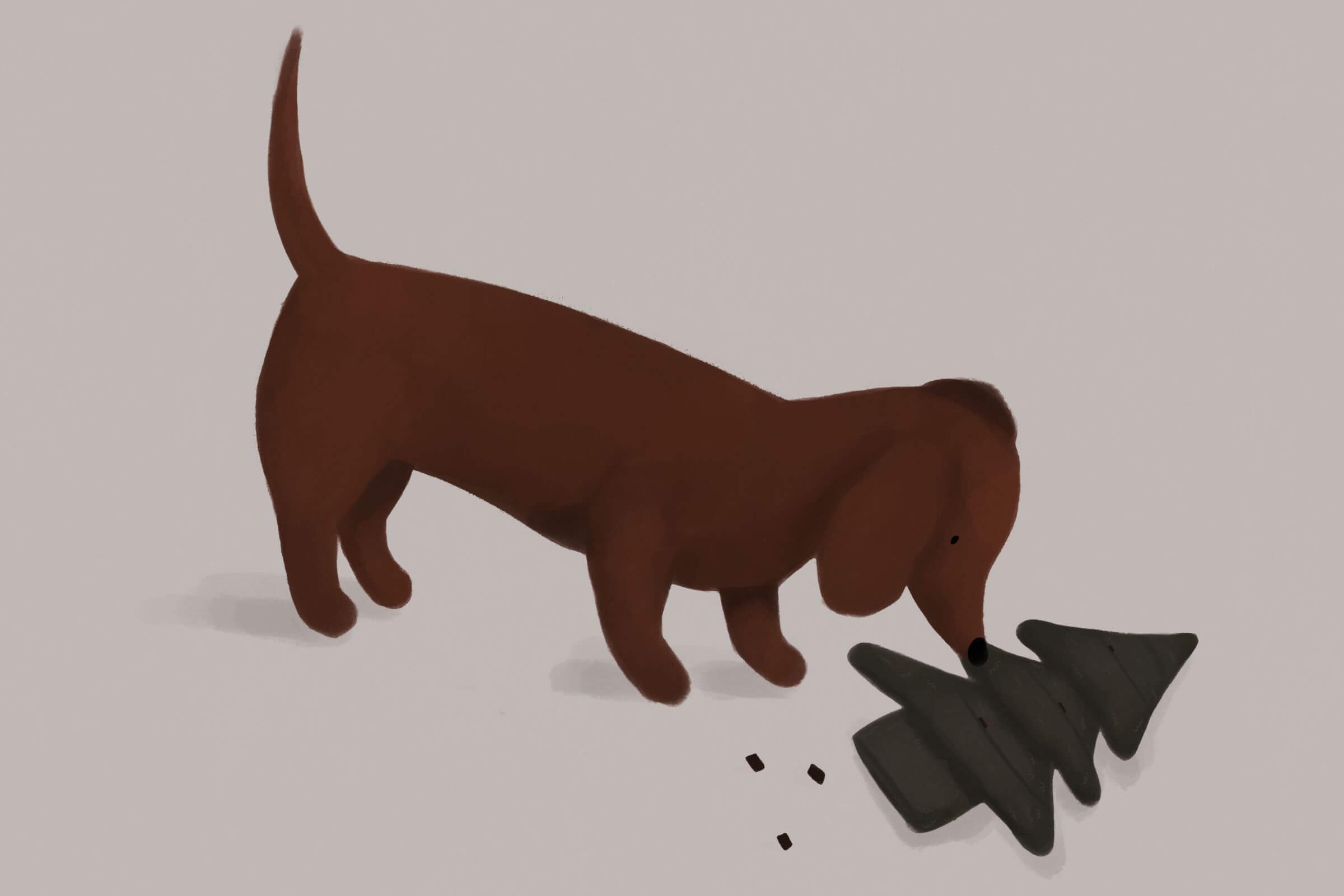 Psy bawiące się zabawkami węchowymi od Lillabel – croissantem, matą lizakowo-węchową i świąteczną choinką, rozwijające zmysł węchu, redukujące stres i wspierające rozwój umysłowy.